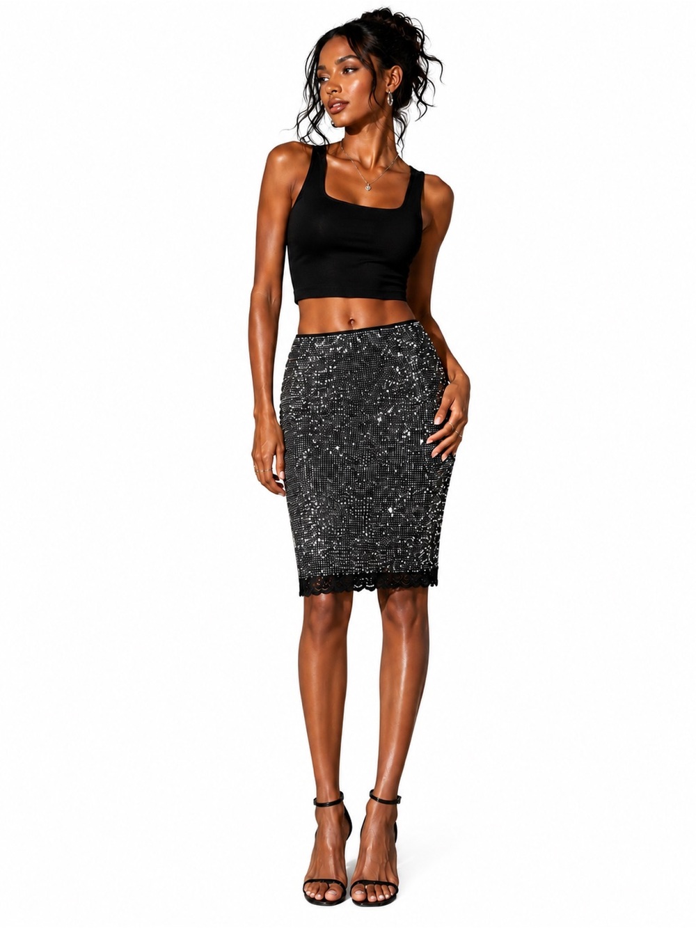 Zara Silver Sequin Pencil Skirt Black Lace Trim Size Medium - Picture 1 of 4